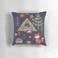A plush pillow featuring a whimsical design of woodland animals like foxes, hedgehogs, and owls in a camping scene.