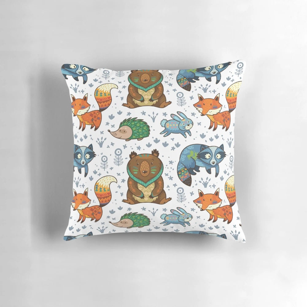 Soft, plush pillow featuring a charming woodland animals design, perfect for adding a nature-inspired touch to your home or nursery.