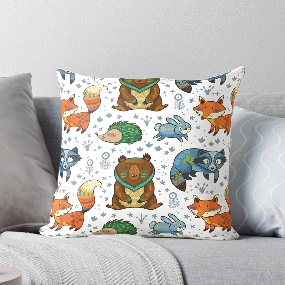Soft, plush pillow featuring a charming woodland animals design, perfect for adding a nature-inspired touch to your home or nursery.