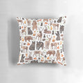A decorative throw pillow featuring a watercolor pattern of woodland animals like foxes, bears, and deer.