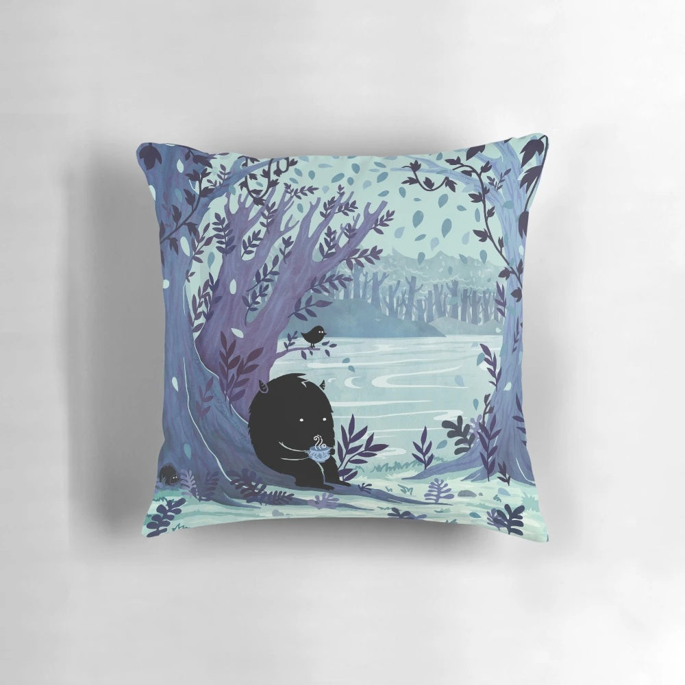 A whimsical watercolor illustration of a woodland scene, featuring a hedgehog, bird, and other cute creatures, printed on a cozy pillow.