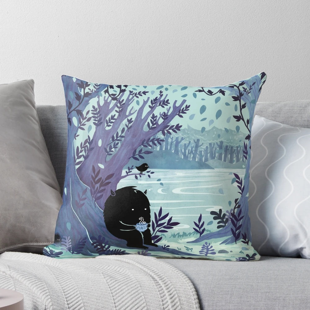 A whimsical watercolor illustration of a woodland scene, featuring a hedgehog, bird, and other cute creatures, printed on a cozy pillow.