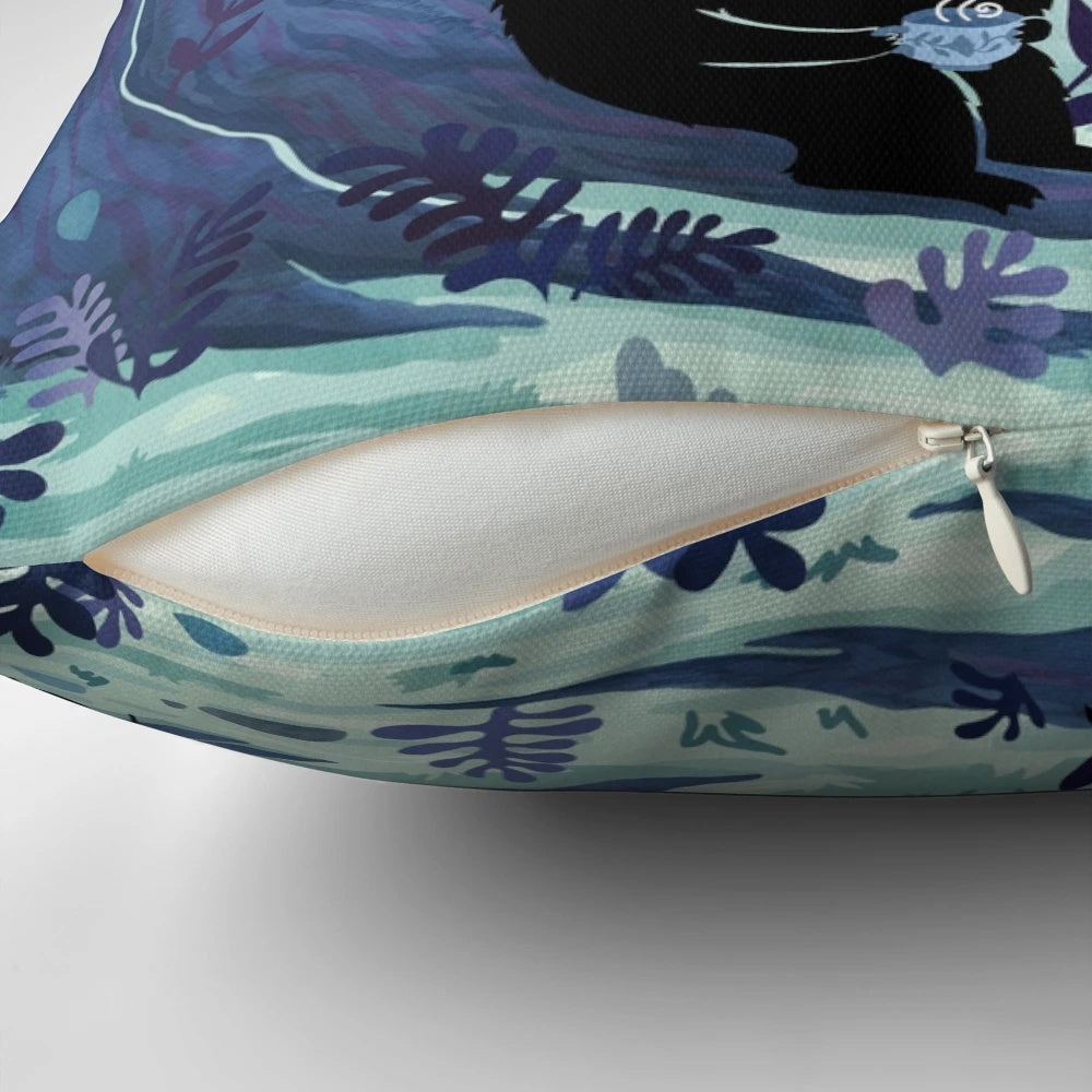 A whimsical watercolor illustration of a woodland scene, featuring a hedgehog, bird, and other cute creatures, printed on a cozy pillow.