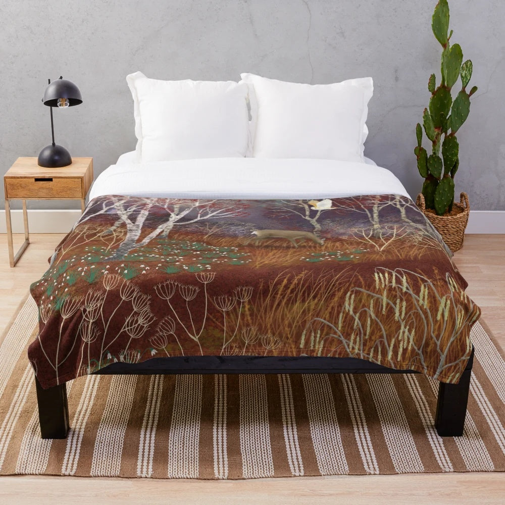 Heralds of Spring Plush Blanket featuring deer, owls, and floral elements in a woodland landscape