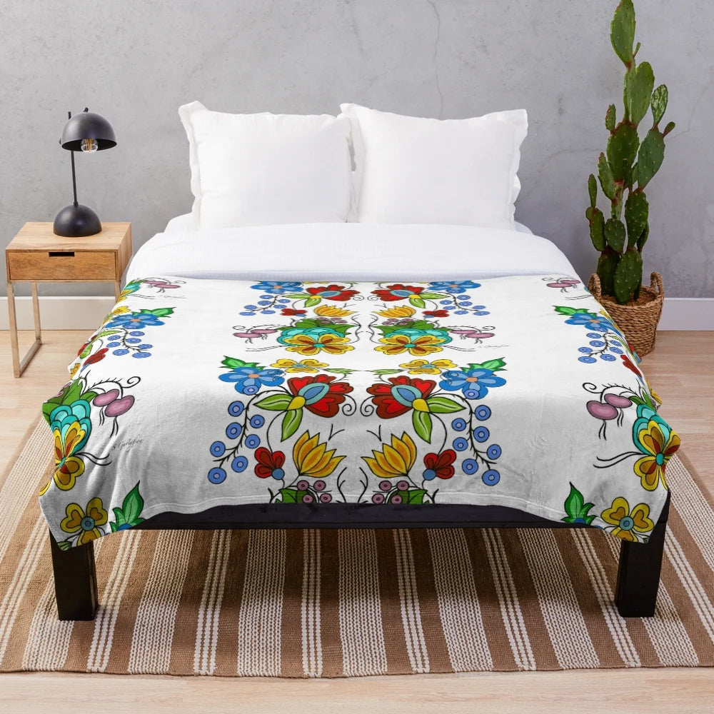 Cozy woodland plush blanket with Ojibwe floral pattern