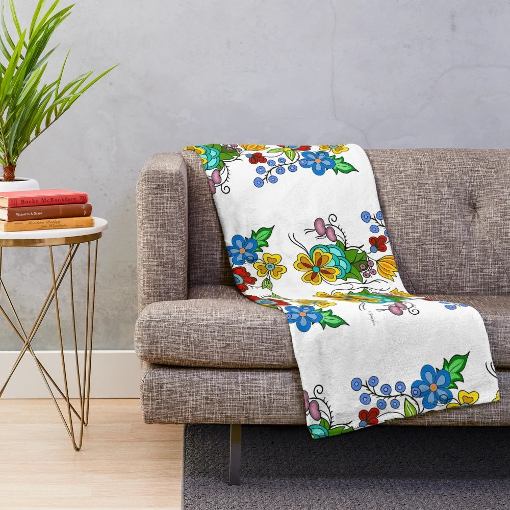 Cozy woodland plush blanket with Ojibwe floral pattern