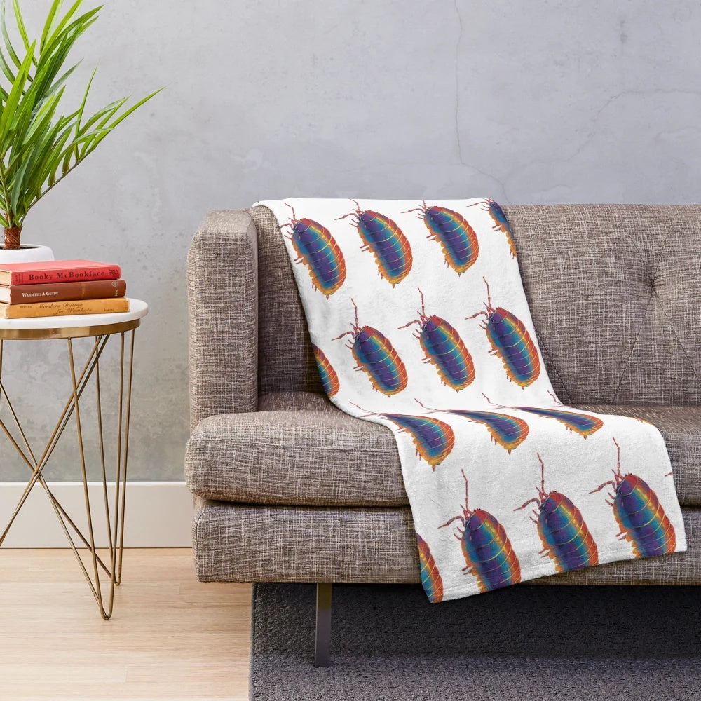 Plush blanket with a woodlouse or pill bug animal print design