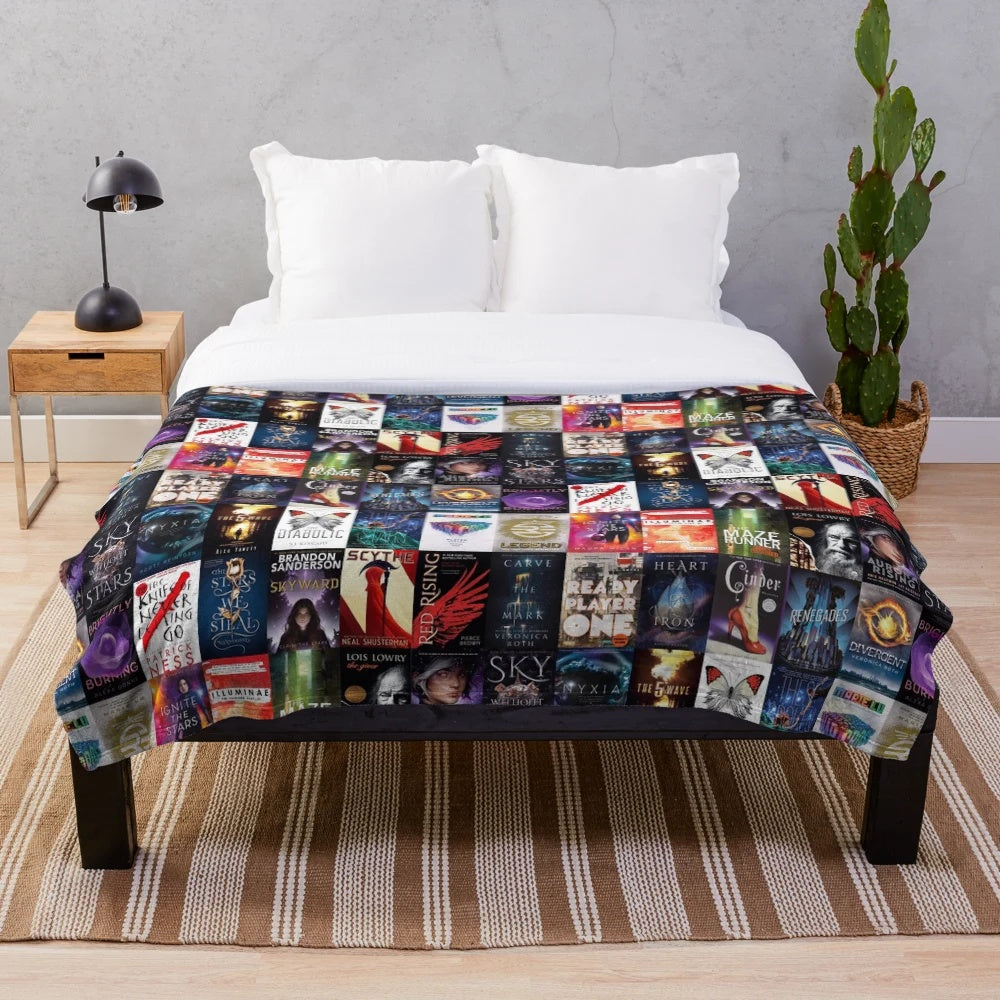 Young adult sci-fi themed plush blanket with book-inspired design