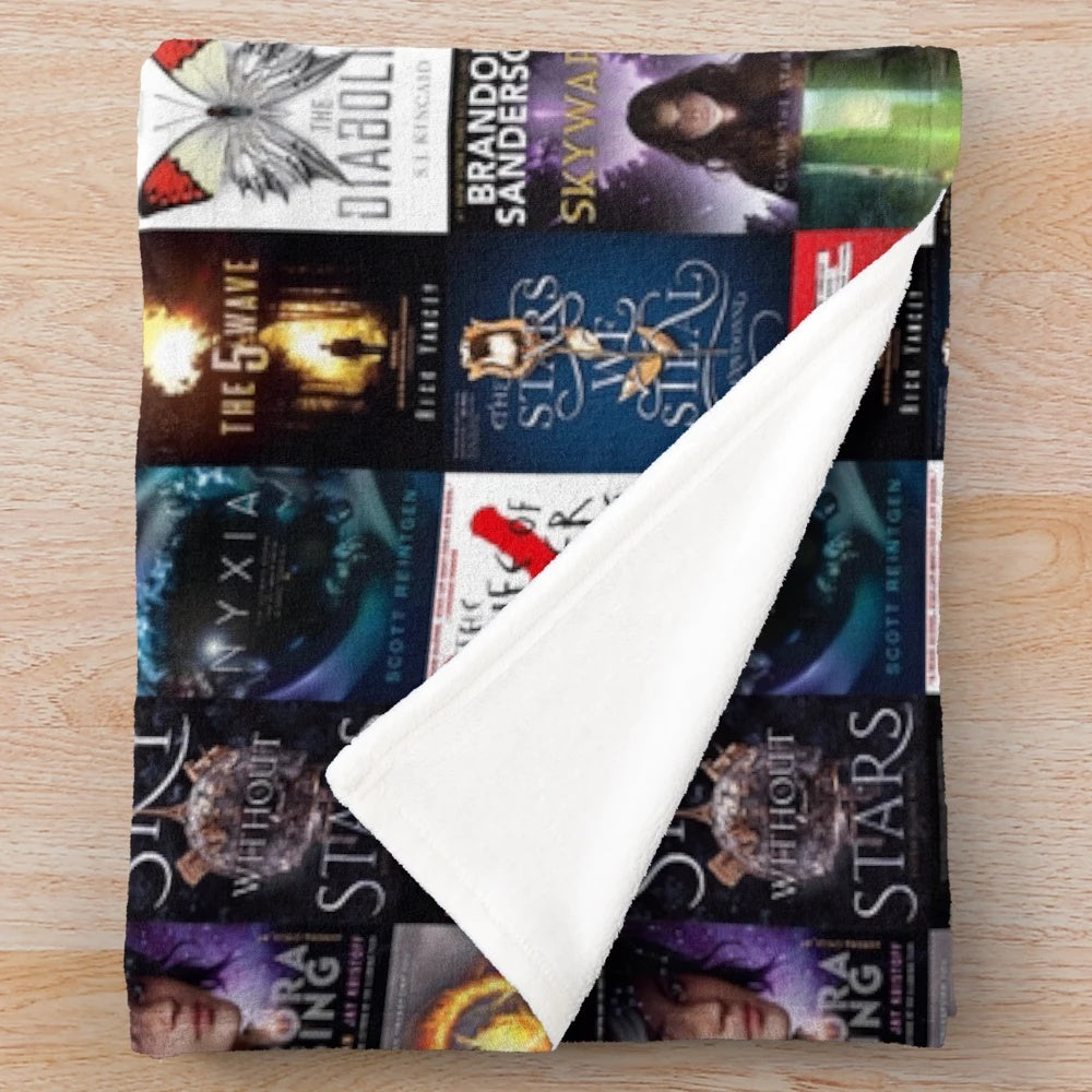 Young adult sci-fi themed plush blanket with book-inspired design