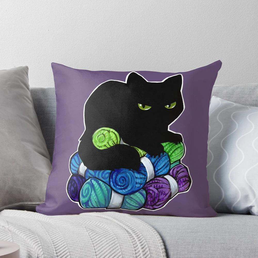 A cozy, black pillow with a 'void' design, perfect for yarn hoarders and crochet/knitting enthusiasts.