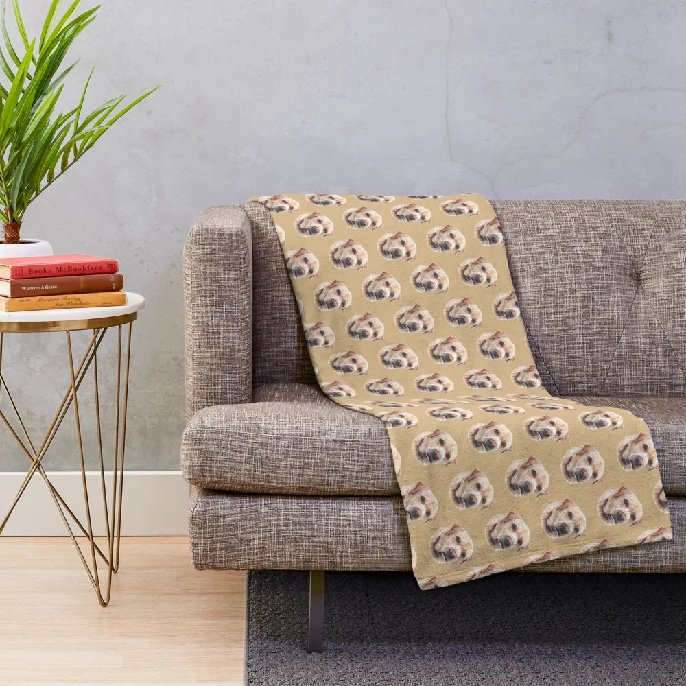 Cozy yellow labrador plush blanket with hand-drawn dog portrait