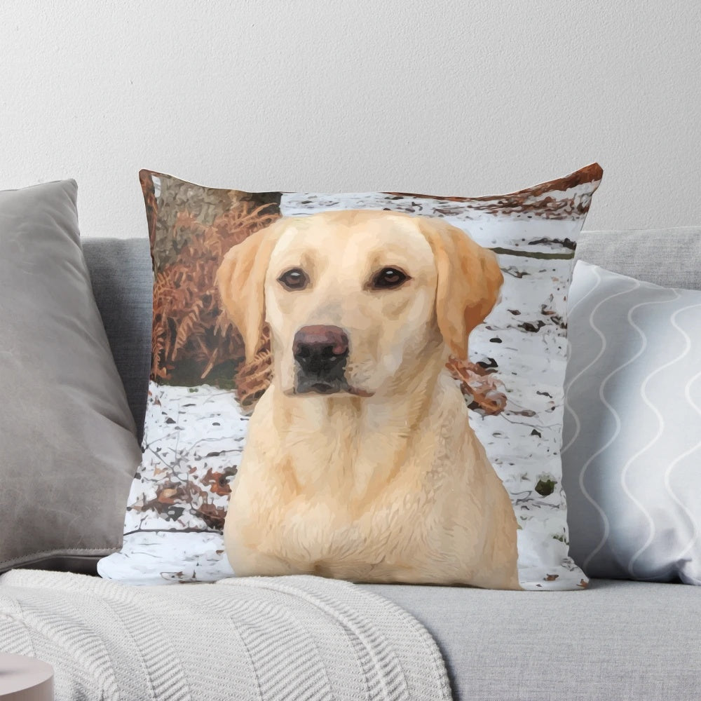 Soft and plush yellow labrador retriever pillow featuring a hunting dog design for dog enthusiasts