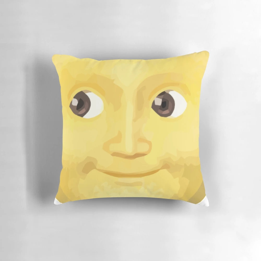 Yellow moon-shaped pillow with a whimsical design