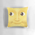 Yellow moon-shaped pillow with a whimsical design