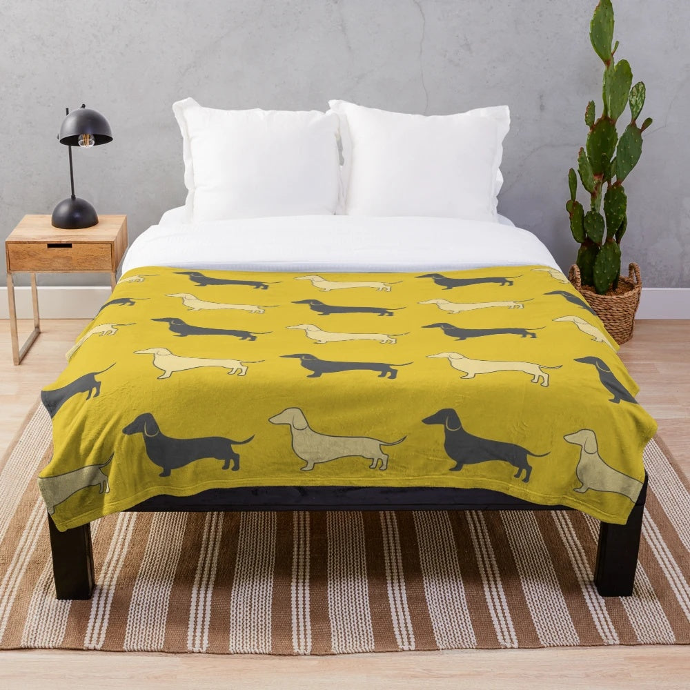 Yellow retro sausage dog plush blanket