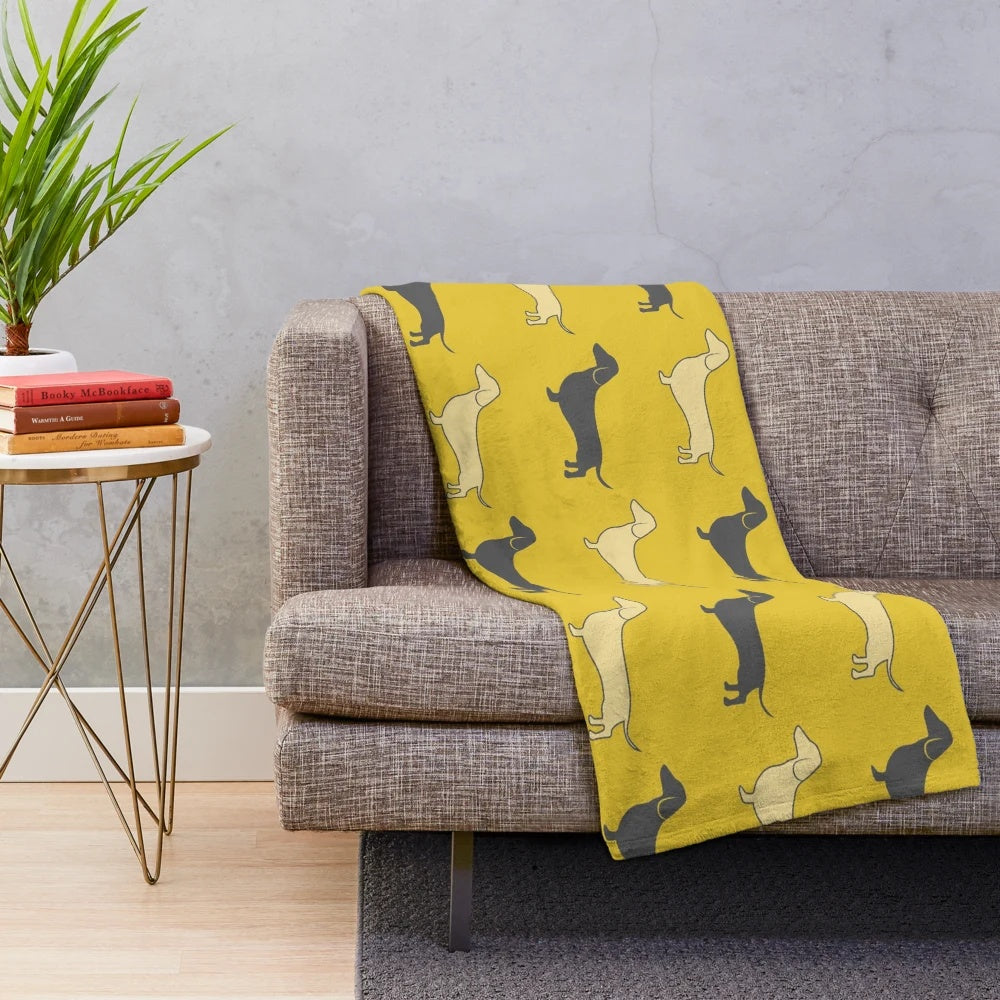 Yellow retro sausage dog plush blanket