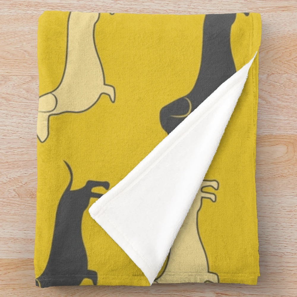 Yellow retro sausage dog plush blanket