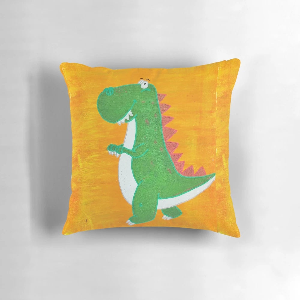 Soft, yellow pillow with a happy T-Rex design, perfect for adding a touch of dinosaur-themed charm to any room.