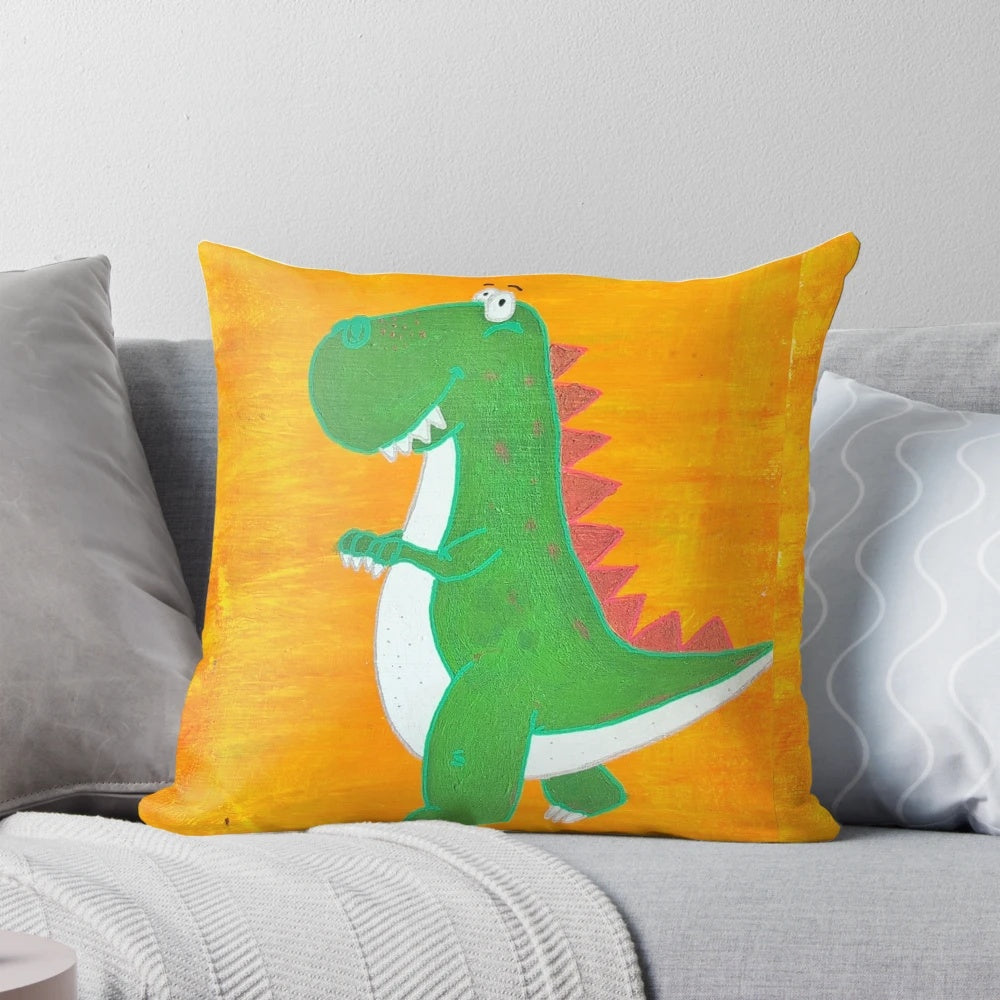 Soft, yellow pillow with a happy T-Rex design, perfect for adding a touch of dinosaur-themed charm to any room.