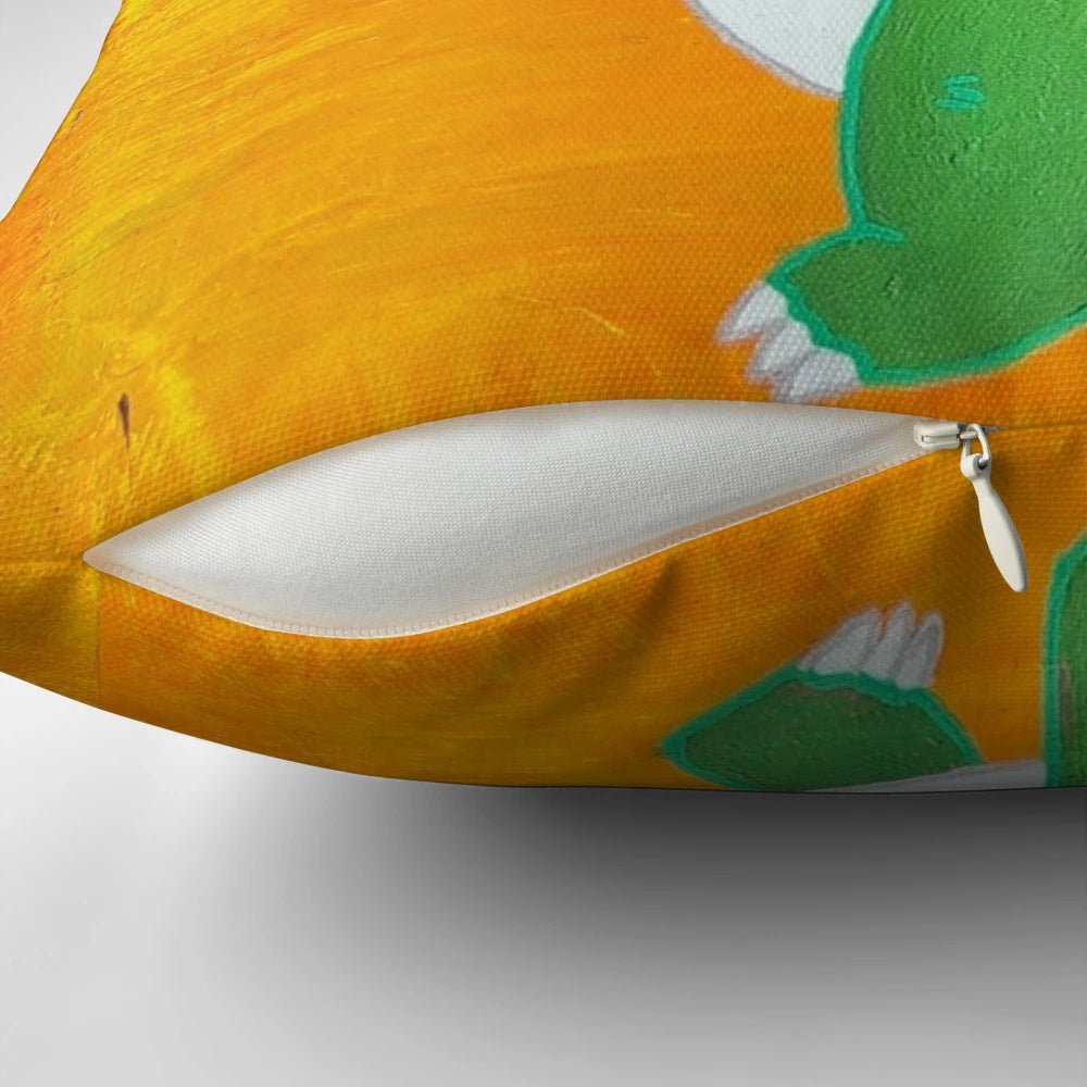 Soft, yellow pillow with a happy T-Rex design, perfect for adding a touch of dinosaur-themed charm to any room.
