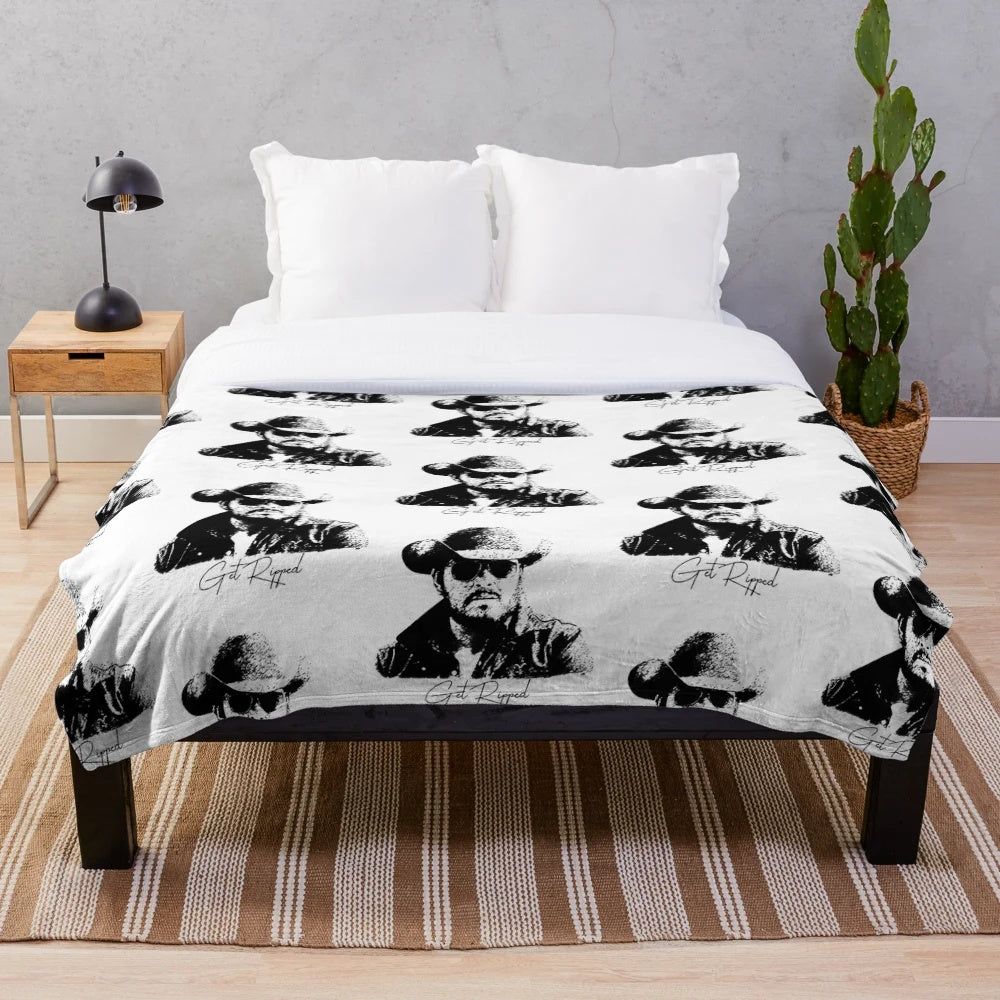 Yellowstone-themed plush blanket with Dutton ranch and cowboy design