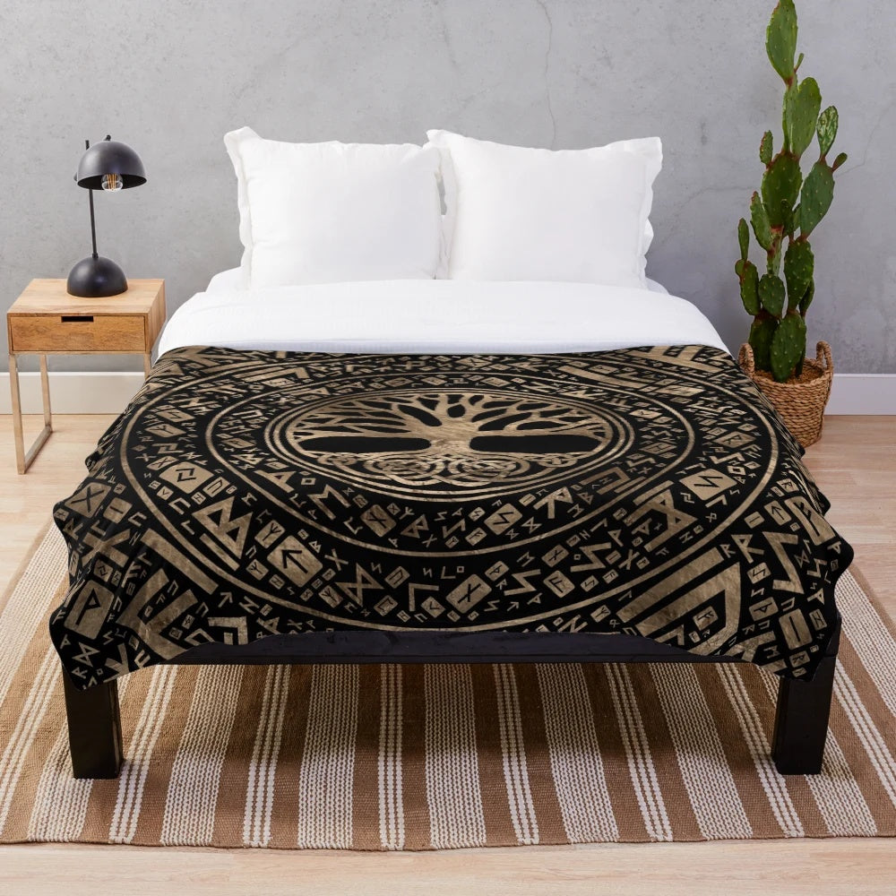 Cozy plush blanket featuring the Yggdrasil tree of life and runic pattern, inspired by Norse mythology