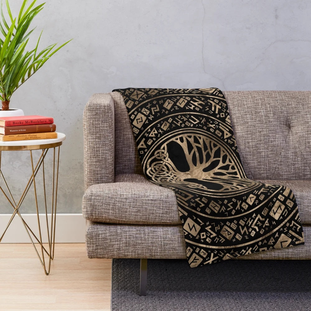 Cozy plush blanket featuring the Yggdrasil tree of life and runic pattern, inspired by Norse mythology