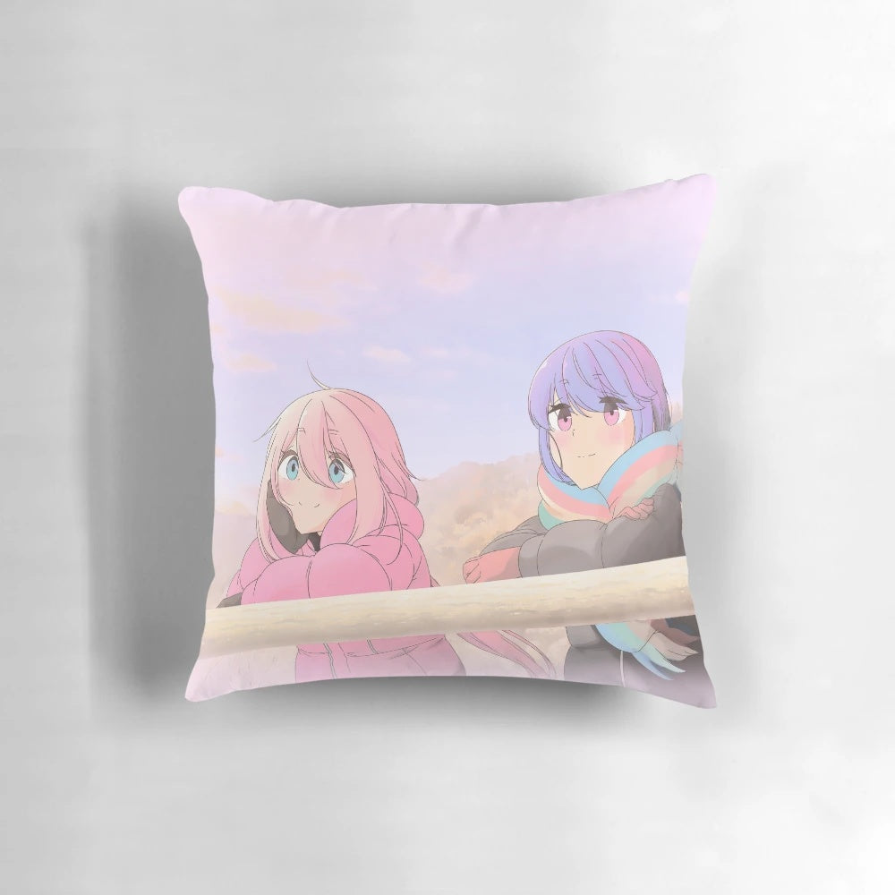 Soft, plush pillow featuring characters and scenery from the popular anime "Yuru Camp