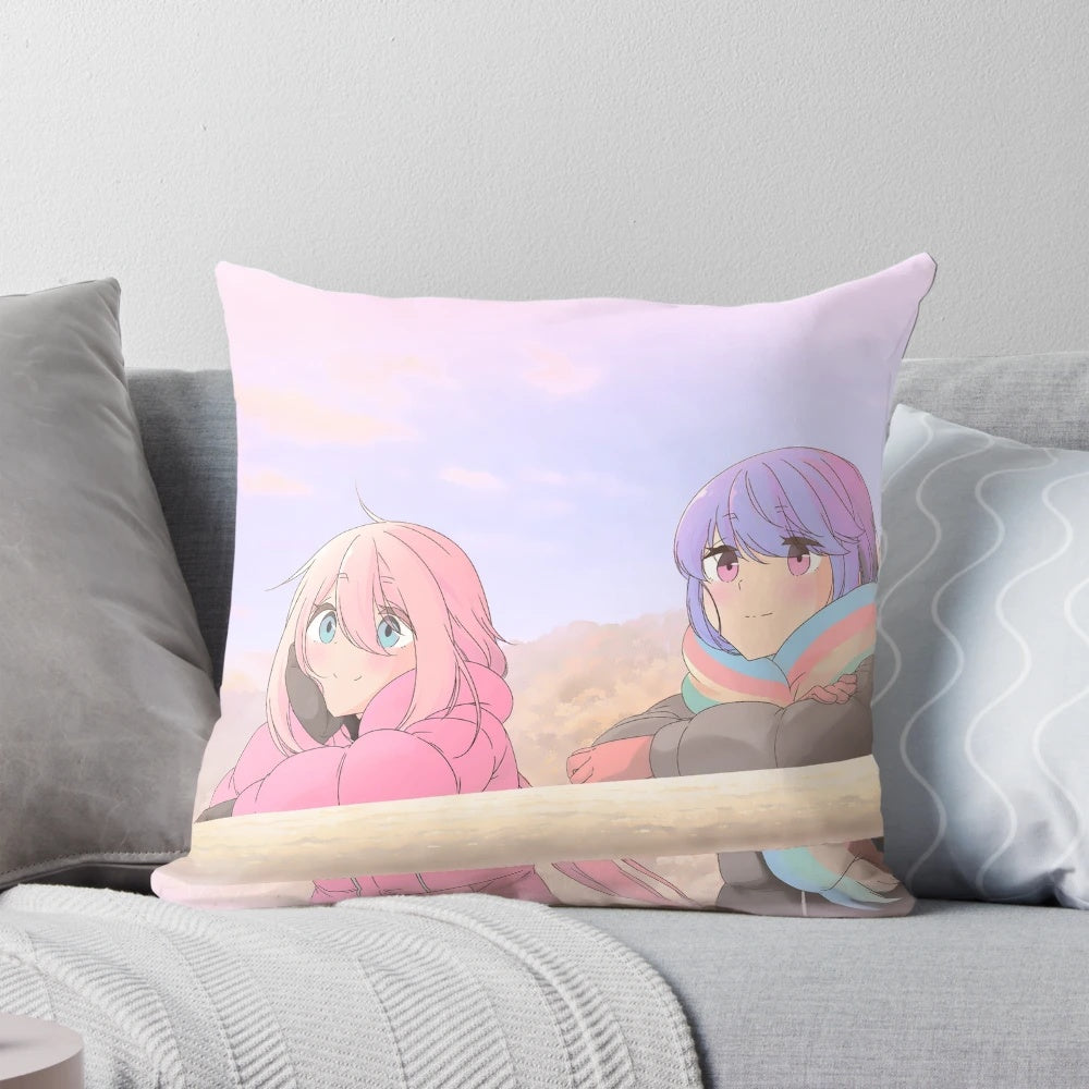Soft, plush pillow featuring characters and scenery from the popular anime "Yuru Camp