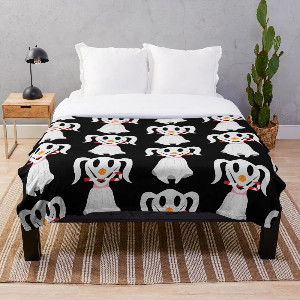 Zero the dog from The Nightmare Before Christmas on a soft, plush blanket