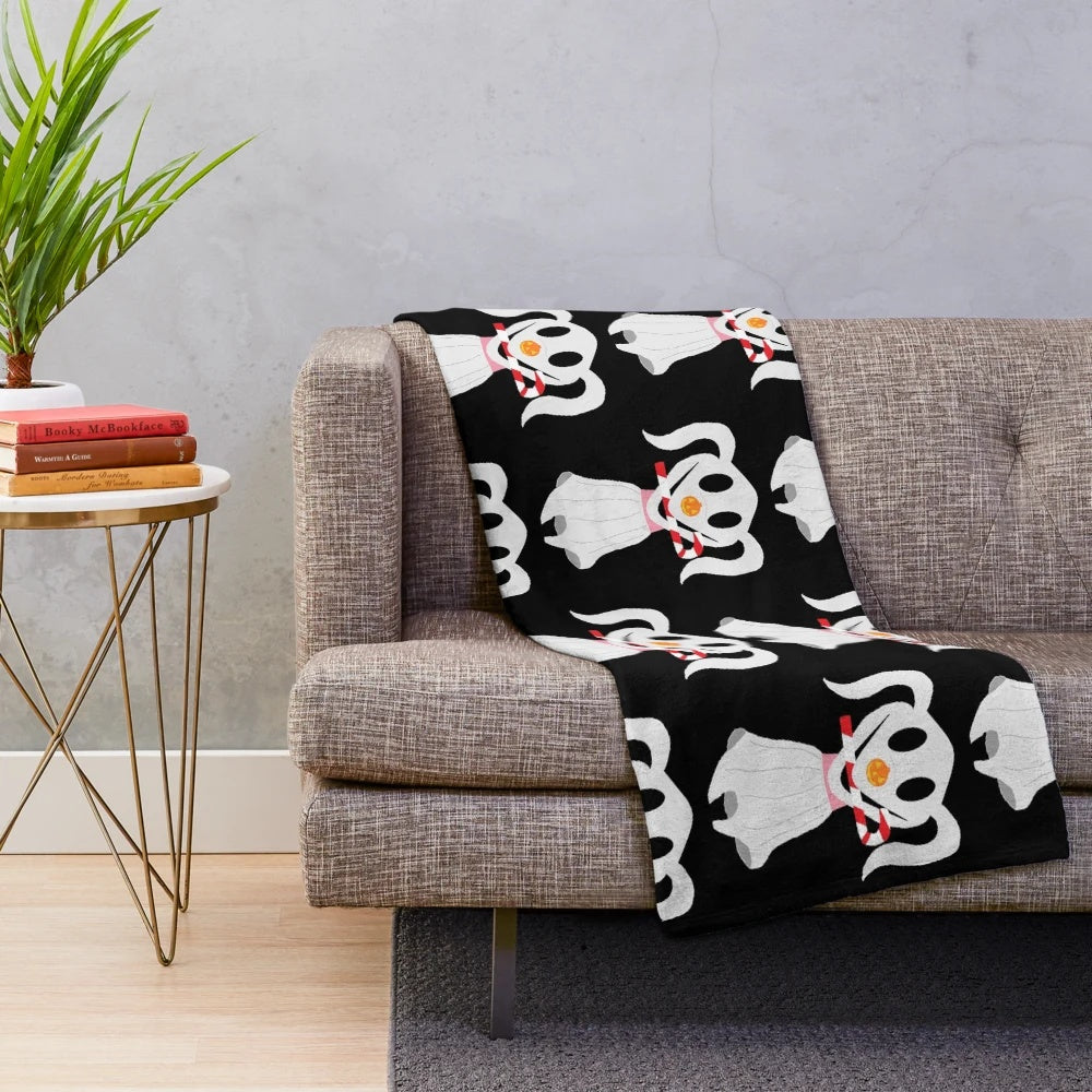 Zero the dog from The Nightmare Before Christmas on a soft, plush blanket