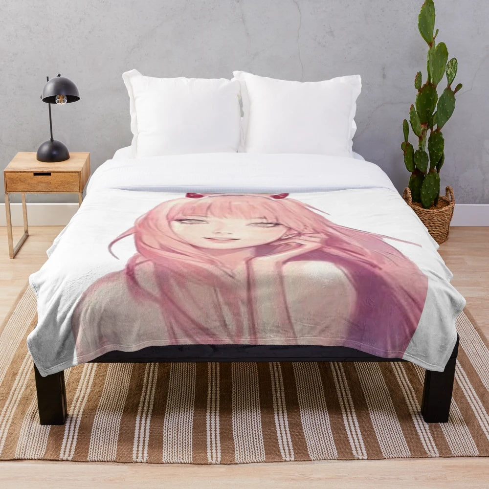 Zero Two inspired plush blanket with anime character design