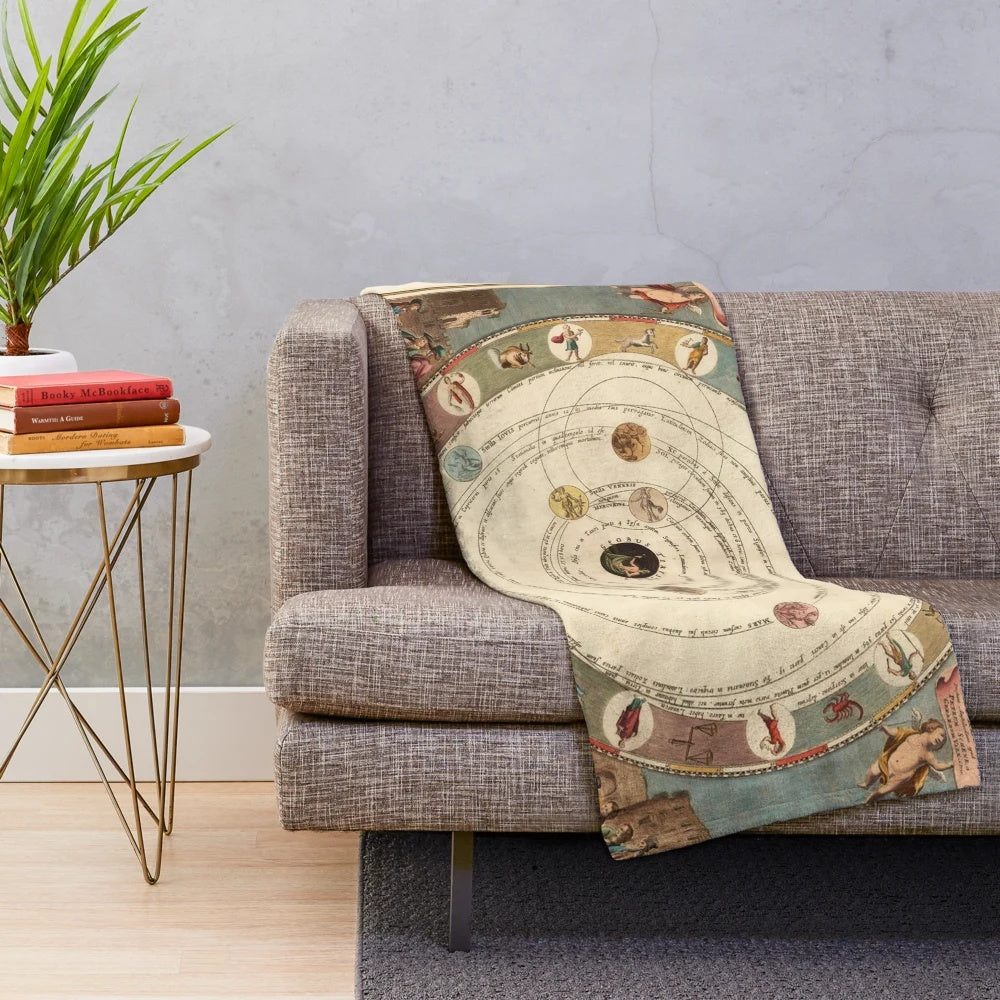 Vintage-inspired plush blanket with zodiac circle and horoscope symbols