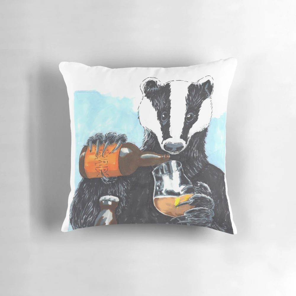 Craft beer badger throw pillow with a whimsical woodland animal portrait design