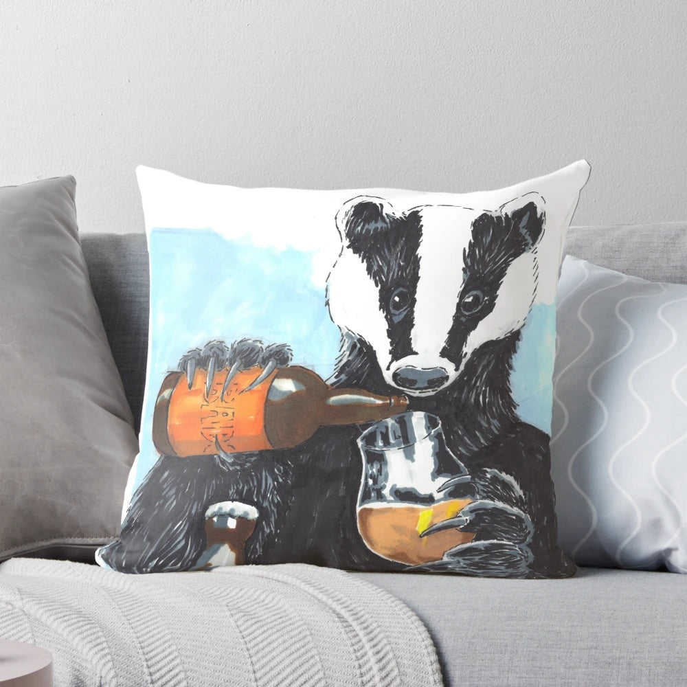 Craft beer badger throw pillow with a whimsical woodland animal portrait design