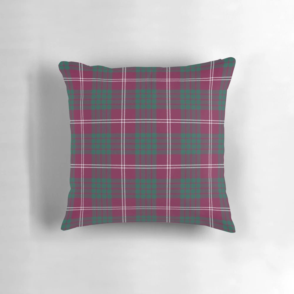 Crawford tartan pillow featuring a traditional Scottish clan pattern in deep burgundy and teal green