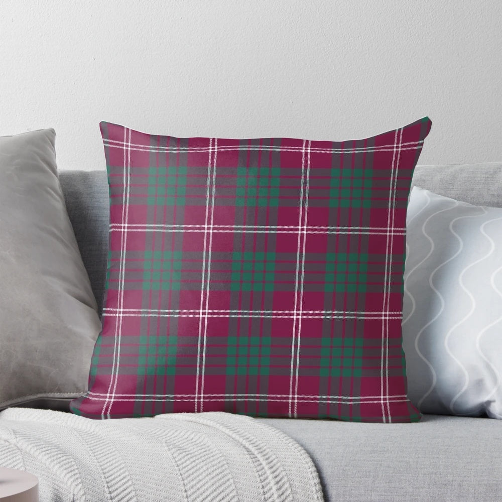 Crawford tartan pillow featuring a traditional Scottish clan pattern in deep burgundy and teal green
