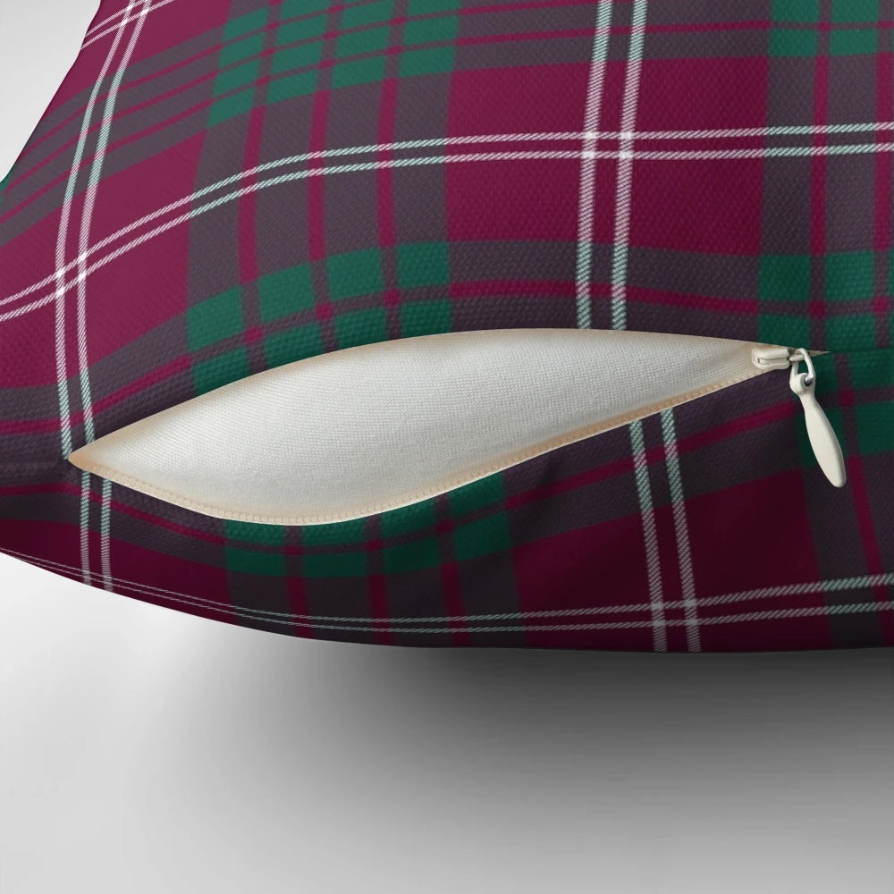 Crawford tartan pillow featuring a traditional Scottish clan pattern in deep burgundy and teal green