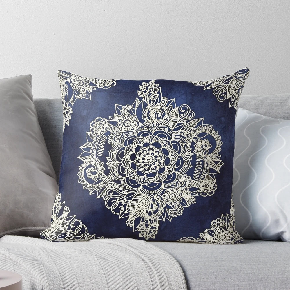 Cream floral Moroccan pattern on deep indigo navy blue pillow