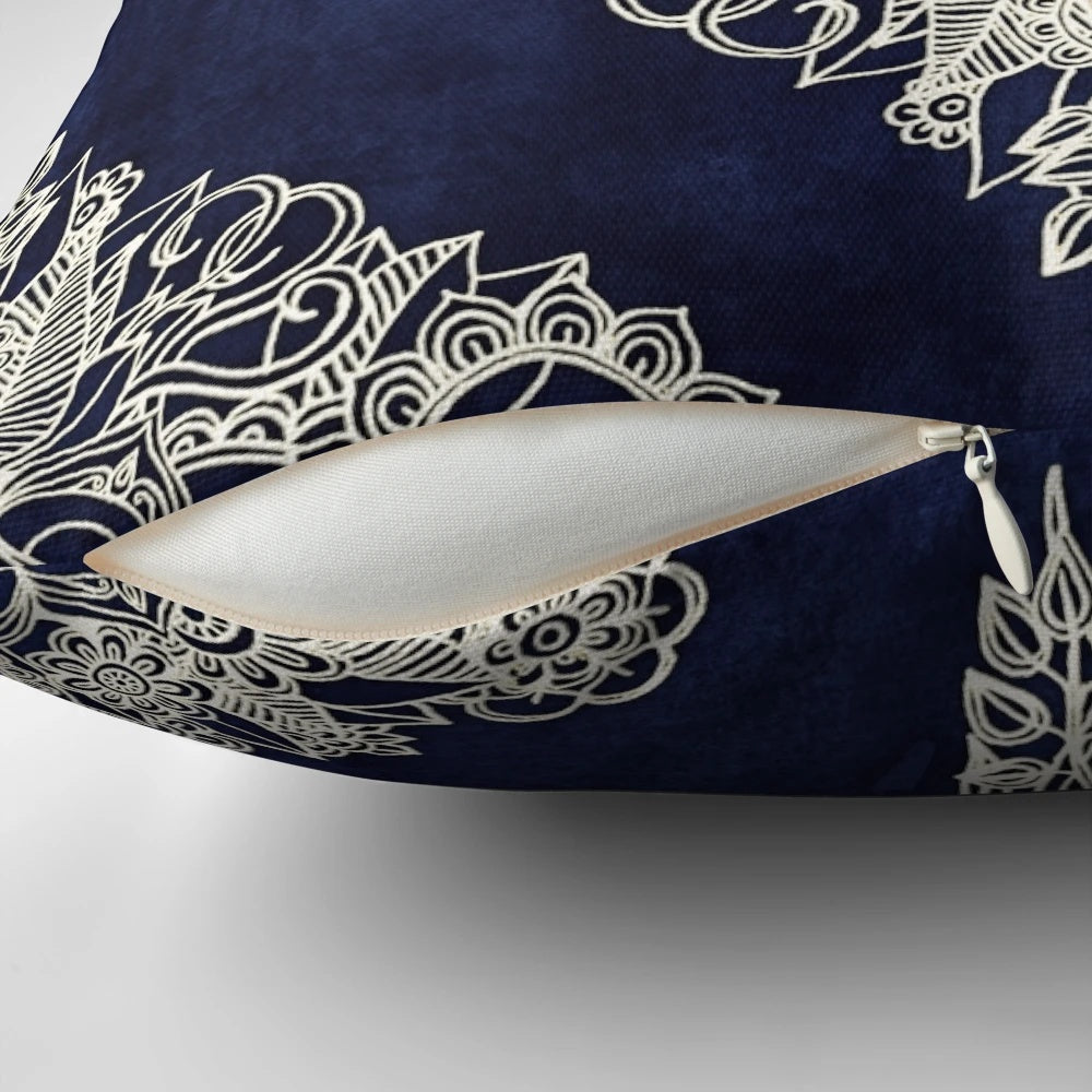 Cream floral Moroccan pattern on deep indigo navy blue pillow