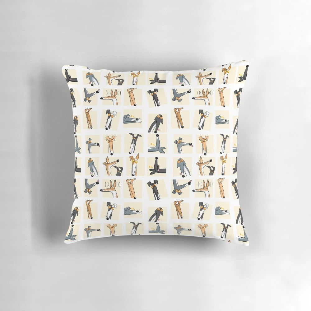 Cream-colored pillow with a playful cartoon illustration of a whippet, greyhound, or hound dog