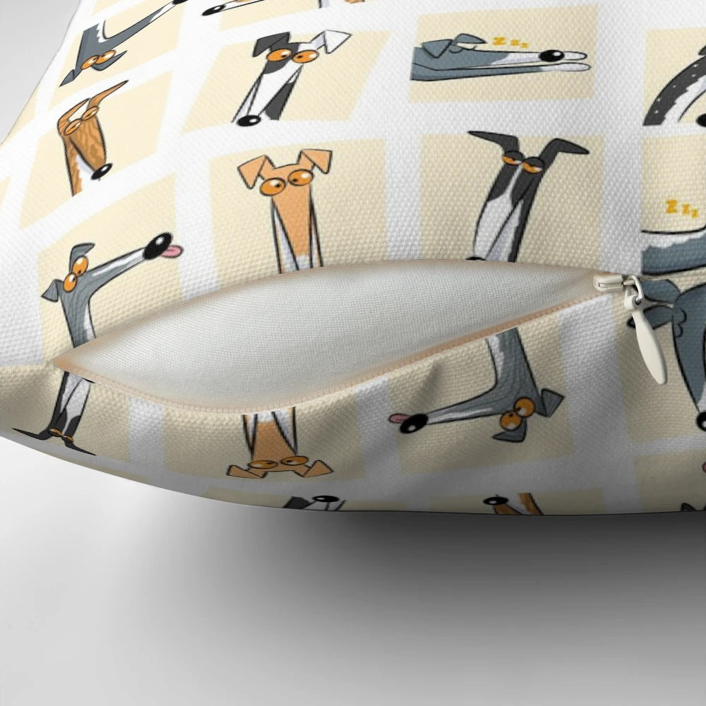 Cream-colored pillow with a playful cartoon illustration of a whippet, greyhound, or hound dog