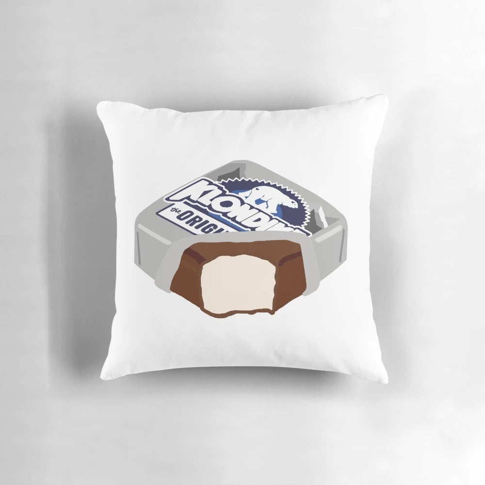 A soft, plush pillow designed with a Klondike-inspired ice cream motif.