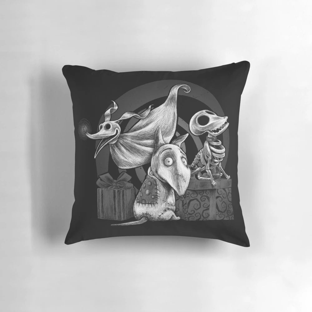Creepy and cute dog-themed pillow inspired by the Nightmare Before Christmas
