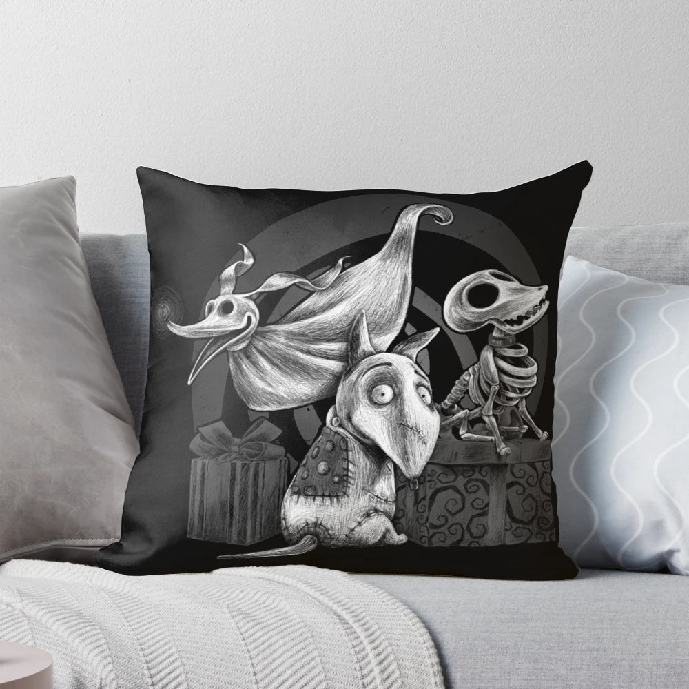 Creepy and cute dog-themed pillow inspired by the Nightmare Before Christmas