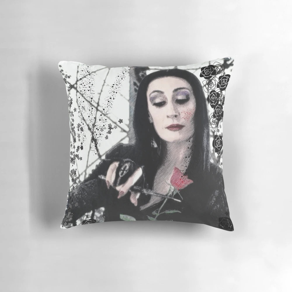 Throw pillow featuring the iconic character Morticia Addams from the classic Addams Family horror-comedy franchise.