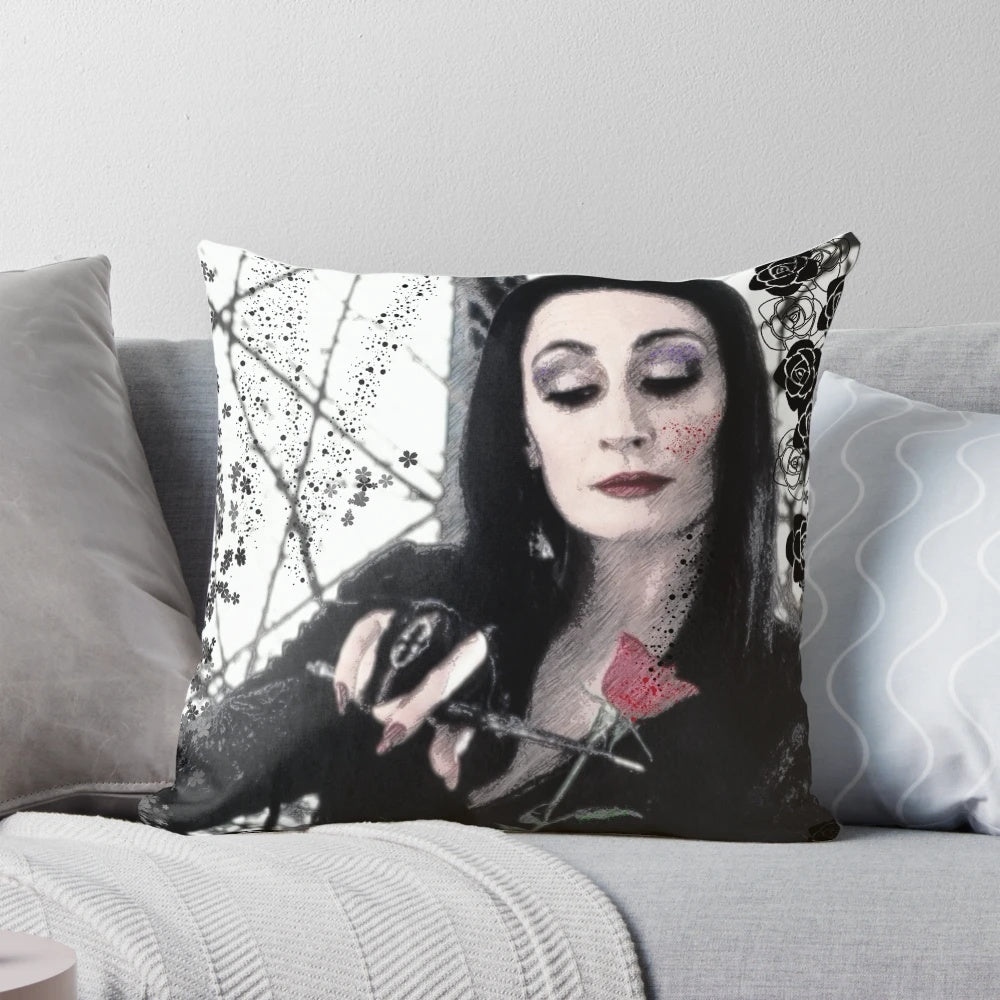 Throw pillow featuring the iconic character Morticia Addams from the classic Addams Family horror-comedy franchise.