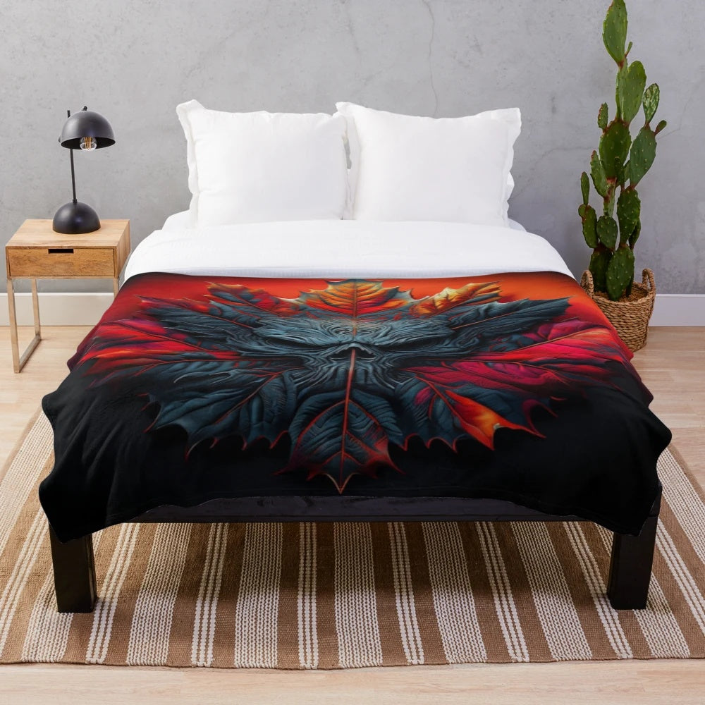 Creepy fall leaves plush blanket with gothic face design