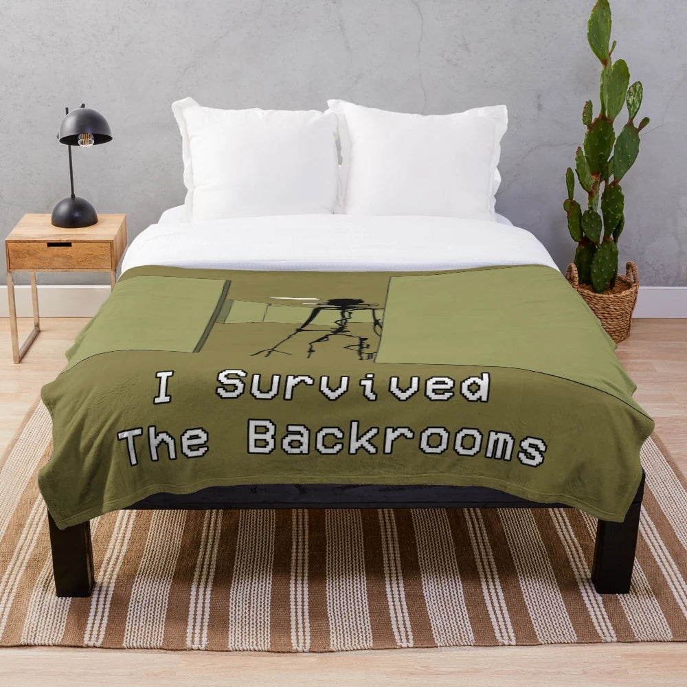 Backrooms-inspired creepy plush blanket featuring liminal space and nightmare-themed design