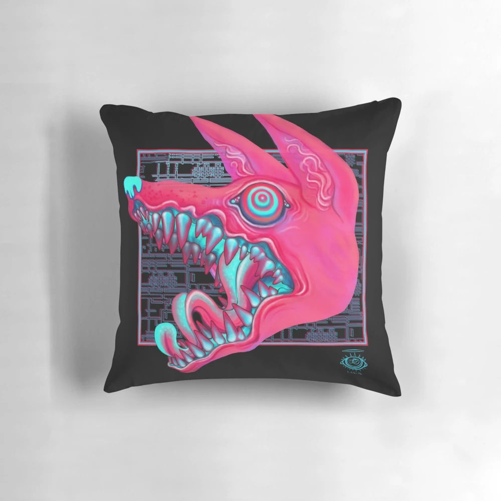 Pastel-colored pillow featuring an unsettling canine face with large, wide-open eyes.